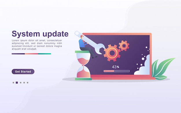 Vector system update concept. the process of upgrading to system update, replacing newer versions and installing programs. can use for web landing page, banner, mobile app.  