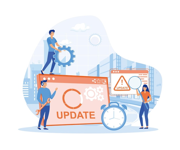 System Update Tiny programmers upgrading operating system flat vector modern illustration