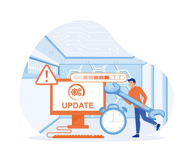 Vector system update tiny programmers upgrading operating system flat vector modern illustration