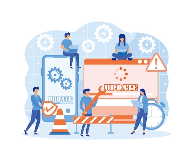 System Update Tiny programmers upgrading operating system IT specialists updating software programs and applications flat vector modern illustration