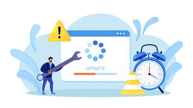 System Update. Tiny programmers upgrading operating system. IT specialists updating software, programs and applications. Technical error, service. Web page with updating progress bar and alarm clock