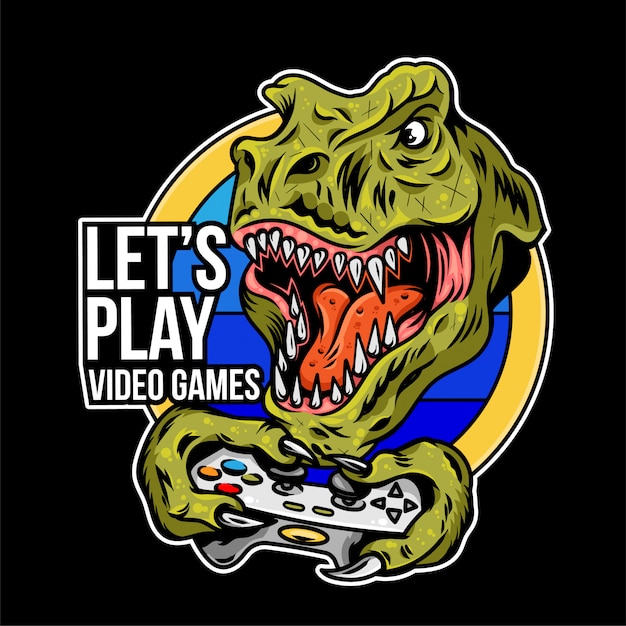 T rex angry dinosaur gamer which play game on joystick gamepad controller for arcade video game. Custom mascot sport logo design  illustration. Print design of geek culture for t shirt apparel.