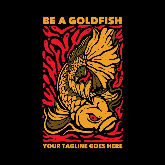 T shirt design be a goldfish with angry goldfish and black background vintage illustration