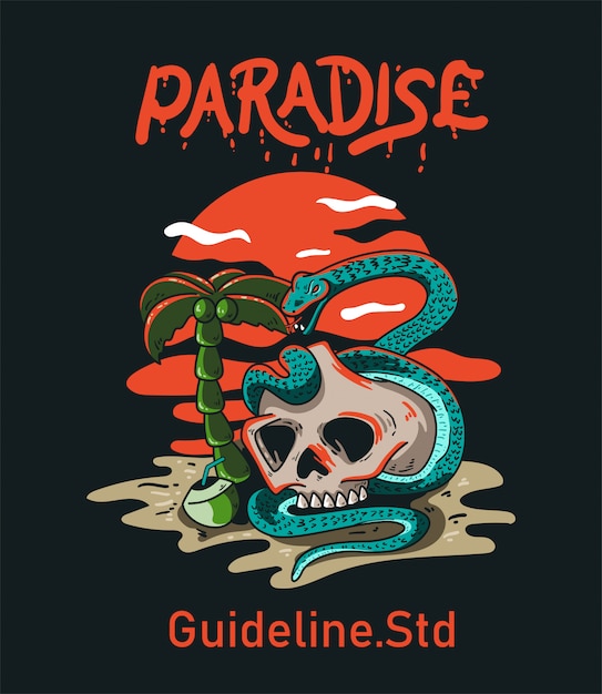 T-shirt Design character skull and snake paradise vintage