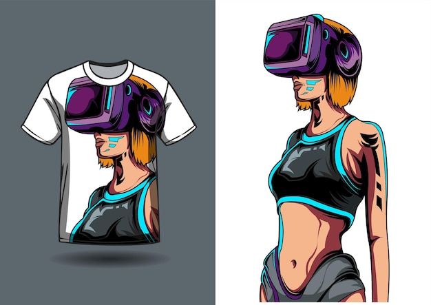 t-shirt design cyborg girl wearing vr