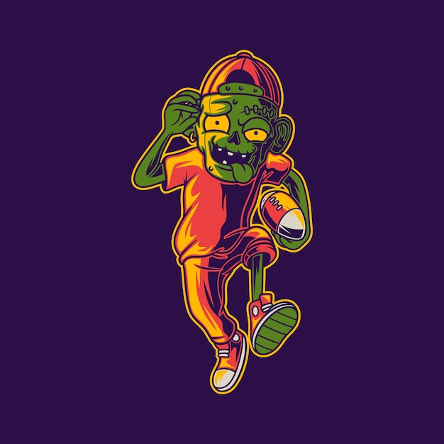 T shirt design front sight of zombies running with the ball football illustration