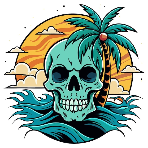 t shirt design illustration of skull for summer beach the skul stay in middle with tree