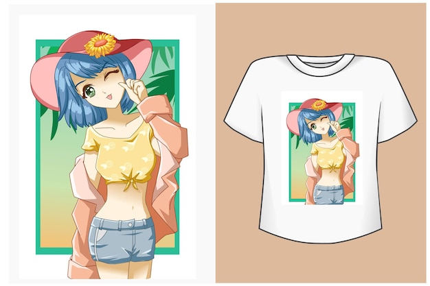 t shirt design mock up happy girl with cute hat in summertime