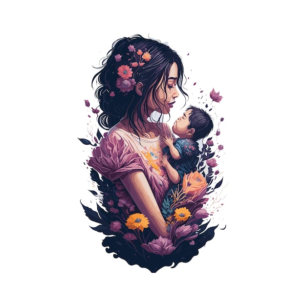 T shirt design of a mother holding a baby flower splash