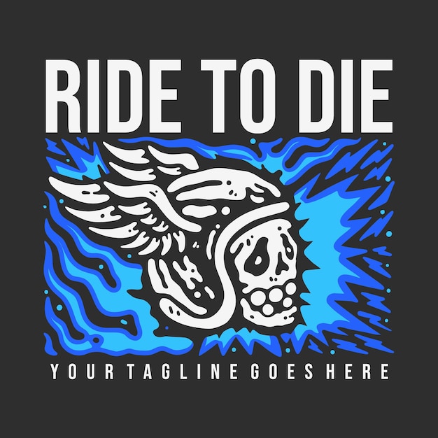 Vector t shirt design ride to die with skull wearing winged helmet with gray background vintage illustration