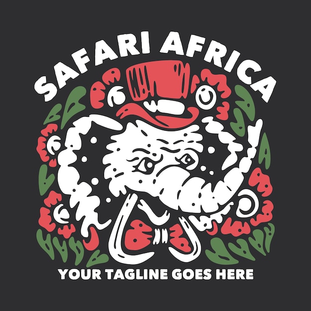 T shirt design safari africa with elephant wearing hat and tie and gray background vintage illustration