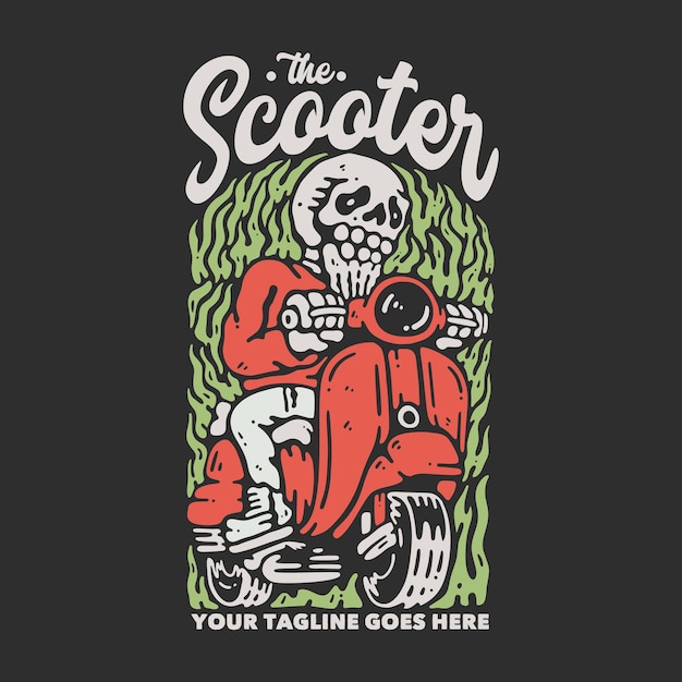 T shirt design the scooter with skeleton riding scooter with gray background vintage illustration