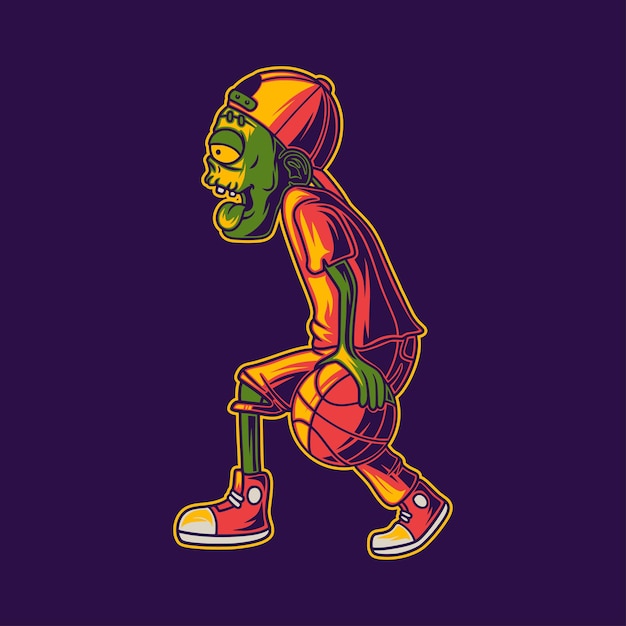 T shirt design side view of zombies playing basketball in dribbling position illustration