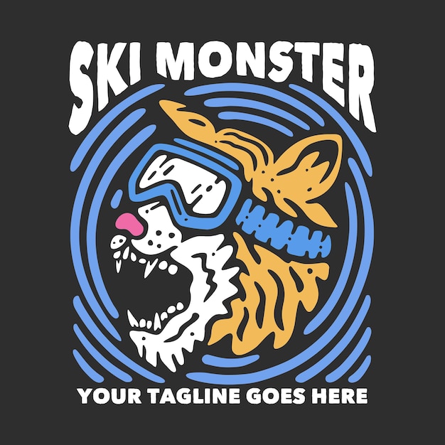 T shirt design ski monster t shirt design snowing wild with tiger head wearing ski goggles and gray background vintage illustration