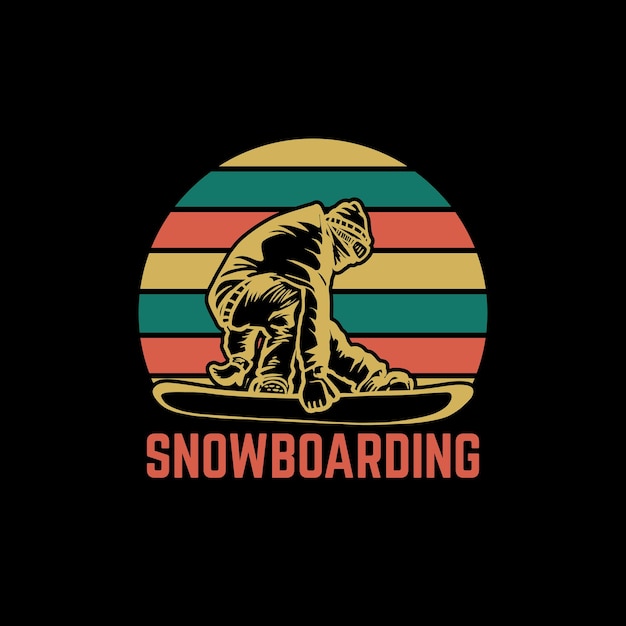 T shirt design snowboarding with snowboarder and black background vintage illustration