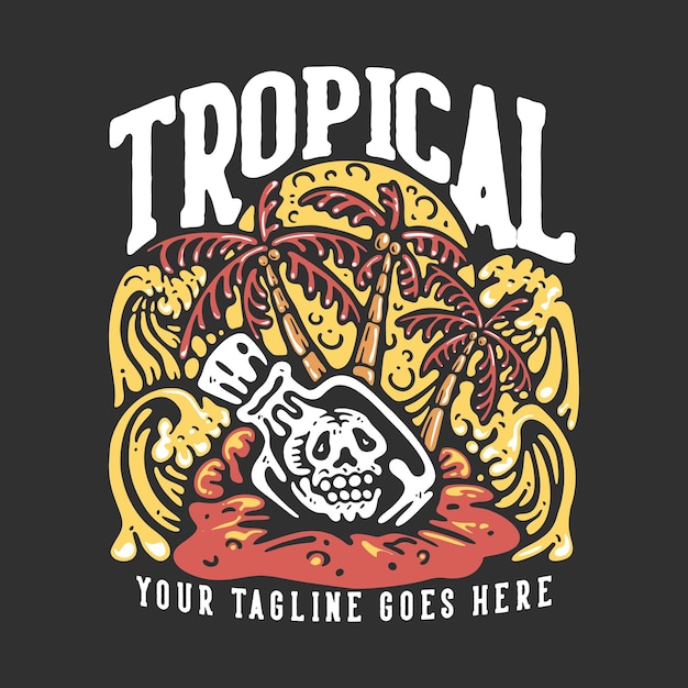 T shirt design tropical with skull in the bottle on the beach with gray background vintage