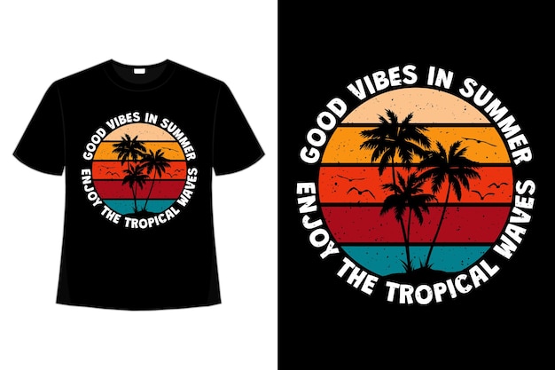 T-shirt design of vibes summer tropical waves sunset in retro style