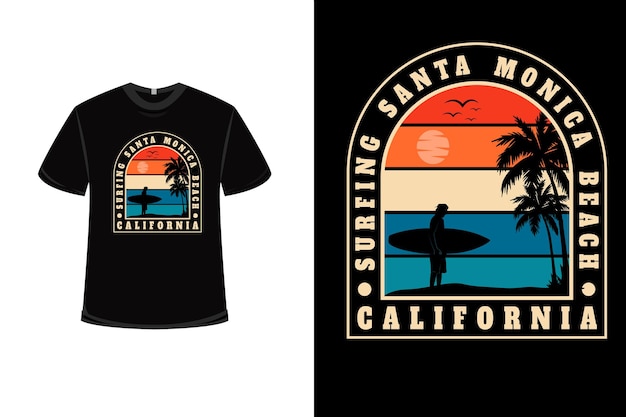 T-shirt design with surfing santa monica beach california in orange cream and blue