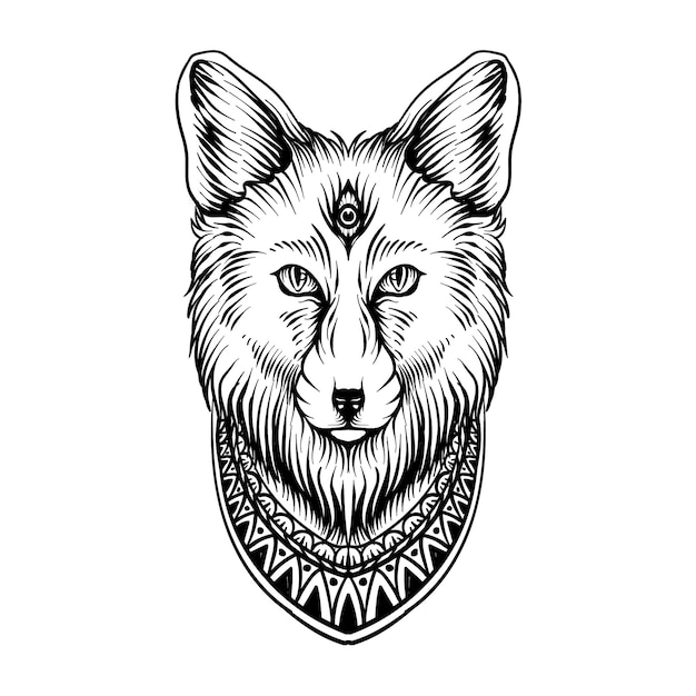 Vector t shirt design wolf with mandala illustration black and white