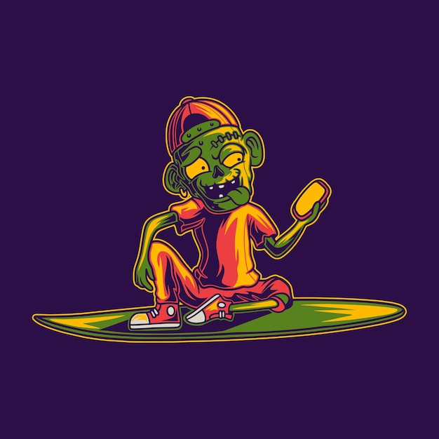 T shirt design a zombie sitting on a surfboard holding a cellphone surfing illustration