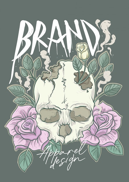 t-shirt illustration for clothing brand with pastel colored classic skull and roses