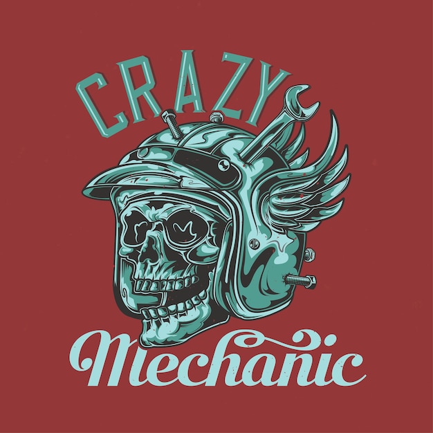 T-shirt or poster design with illustration of mechanic skull