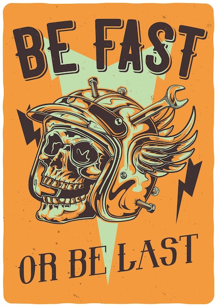 T-shirt or poster  with illustration of skull at damaged motorcycle helmet