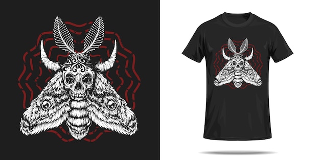 T shirt print of a moth with a skull and horns Made with ink