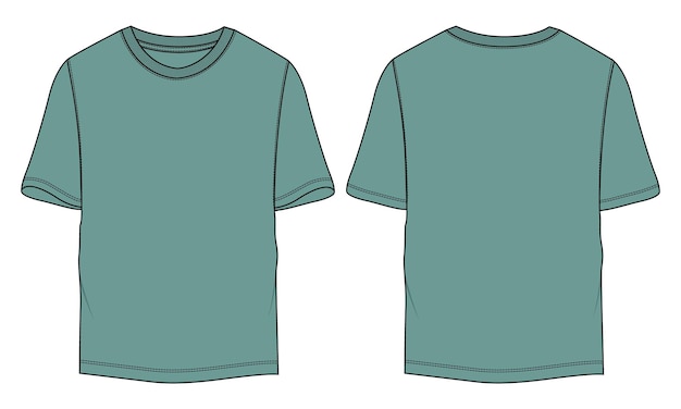 T shirt technical fashion flat sketch vector illustration Green Color template front and back views