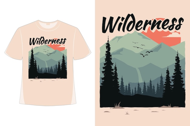 T-shirt wilderness pine mountain flat nature hand drawn style vintage retro illustration