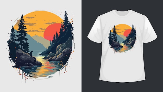 Vector a t shirt with a sunset on the front and a lake in the background