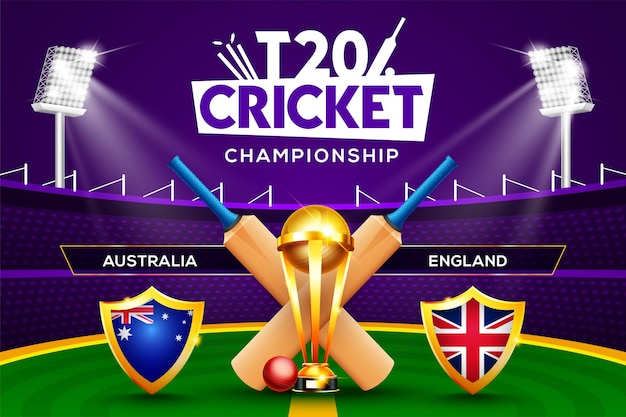 T20 Cricket Championship concept Australia vs England match header or banner with cricket ball, bat and winning trophy on stadium background.