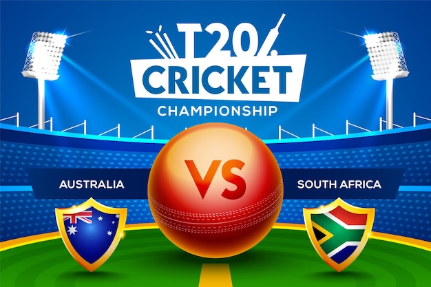 T20 Cricket Championship concept Australia vs South Africa match header or banner with cricket ball on stadium background.