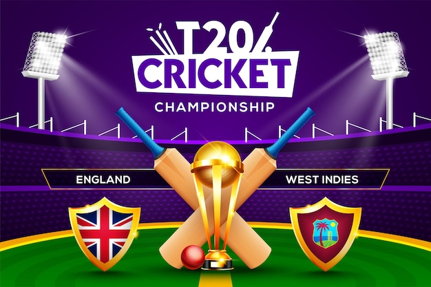 T20 Cricket Championship concept England vs West Indies match header or banner with cricket ball, bat and winning trophy on stadium background.