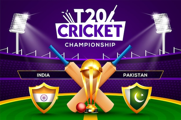 T20 Cricket Championship concept India vs Pakistan match header or banner with cricket ball, bat and winning trophy on stadium background.