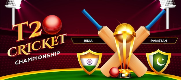 T20 Cricket Championship concept India vs Pakistan match header or banner with cricket ball, bat and winning trophy on stadium background.