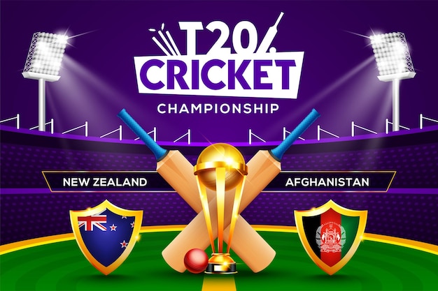 T20 Cricket Championship concept New Zealand vs Afghanistan match header or banner with cricket ball, bat and winning trophy on stadium background.