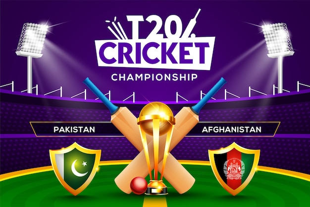 T20 Cricket Championship concept Pakistan vs Afghanistan match header or banner with cricket ball, bat and winning trophy on stadium background.