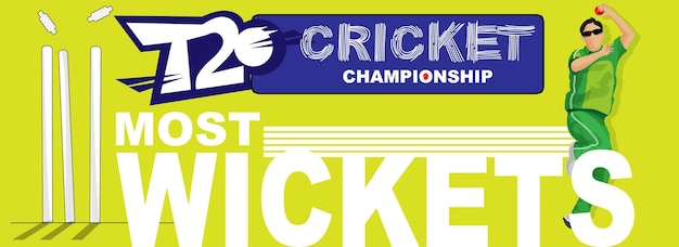 T20 Cricket Championship Most Wickets Based Banner Or Header Design With Bowler Player On Green Background.