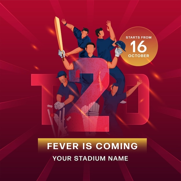 T20 Cricket Championship Poster or Flyer Design with Character Illustration of Batters Bowlers.