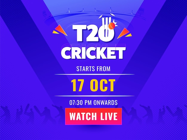 T20 Cricket Watch Live Poster Design With Silhouette Cricketer Players On Violet Background.