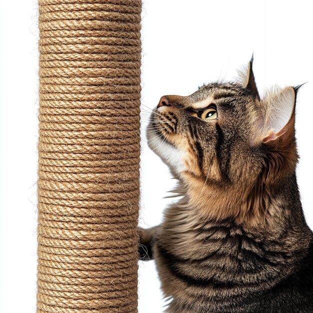 Vector tabby cat looking up at scratching post