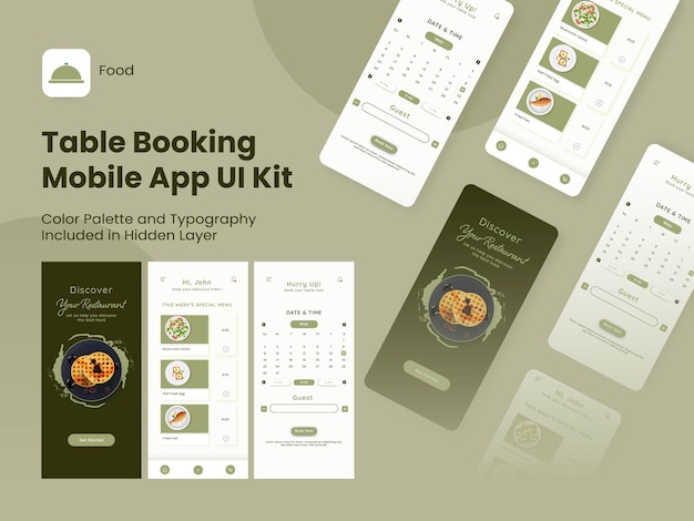 Vector table booking mobile app ui kit including as sign in sign up menu and reserved table details for responsive website