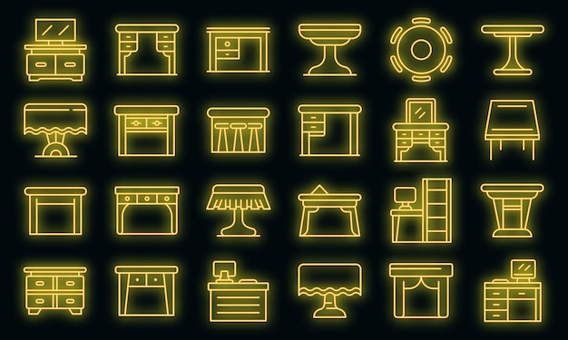 Table icons set. Outline set of table vector icons neon color on black