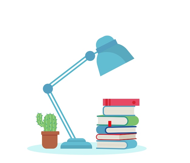 Table lamp and Stack of books flat design vector illustration on white background eps 10