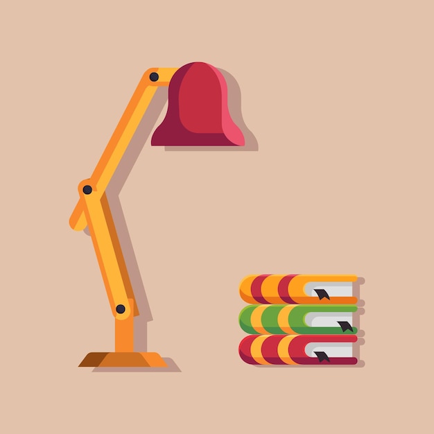 Table lamp with books flat vector illustration. Table lamp, books, lesson, homework, evening.