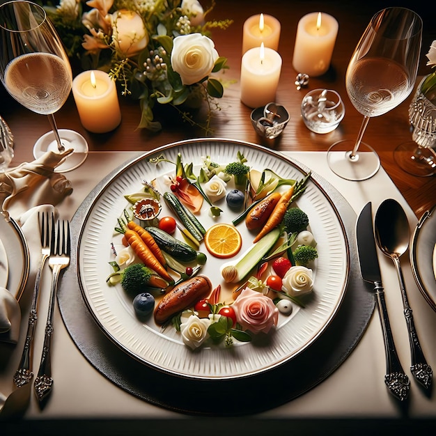 Vector a table set for a meal including carrots celery and lemons