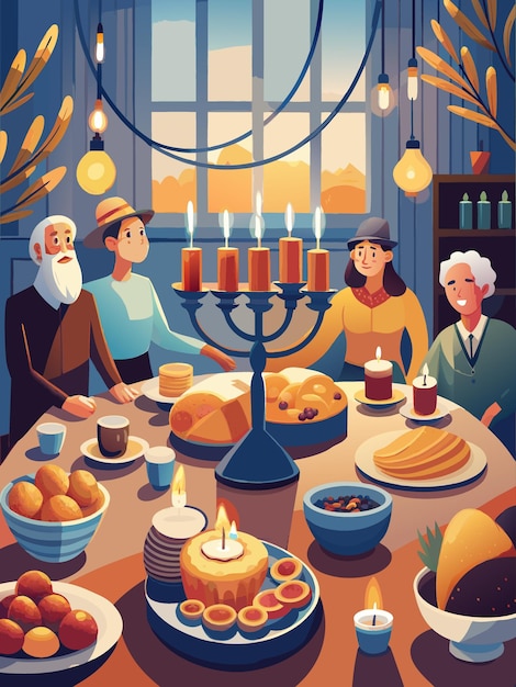 Vector table set for a traditional hanukkah meal featuring menorah and festive dishes