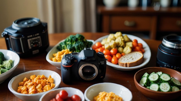 Vector a table with a camera a camera a bowl of food and a camera on it