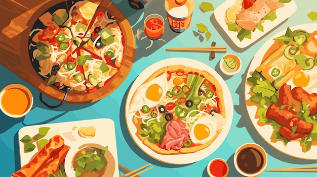 Vector a table with food including eggs vegetables and fruit